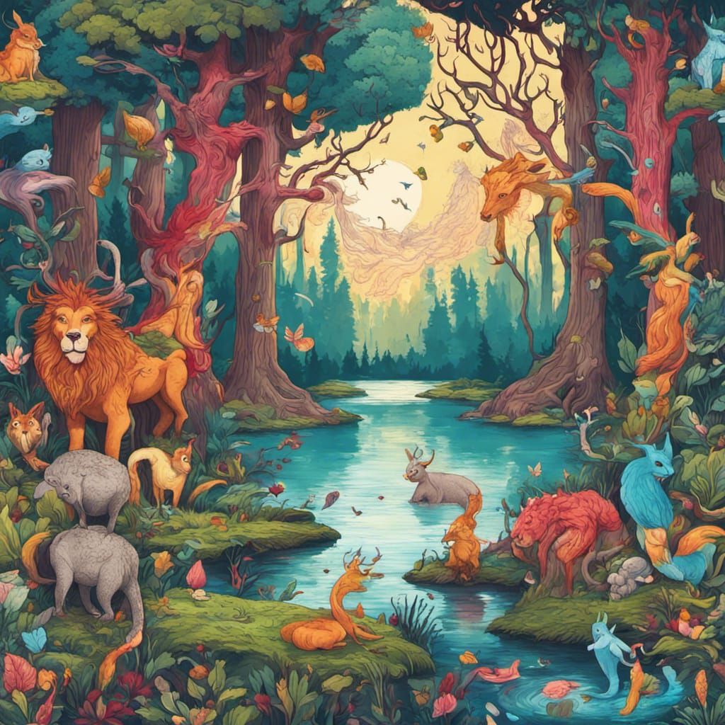 vivid wild woods with mythical creatures in colorful detail ...