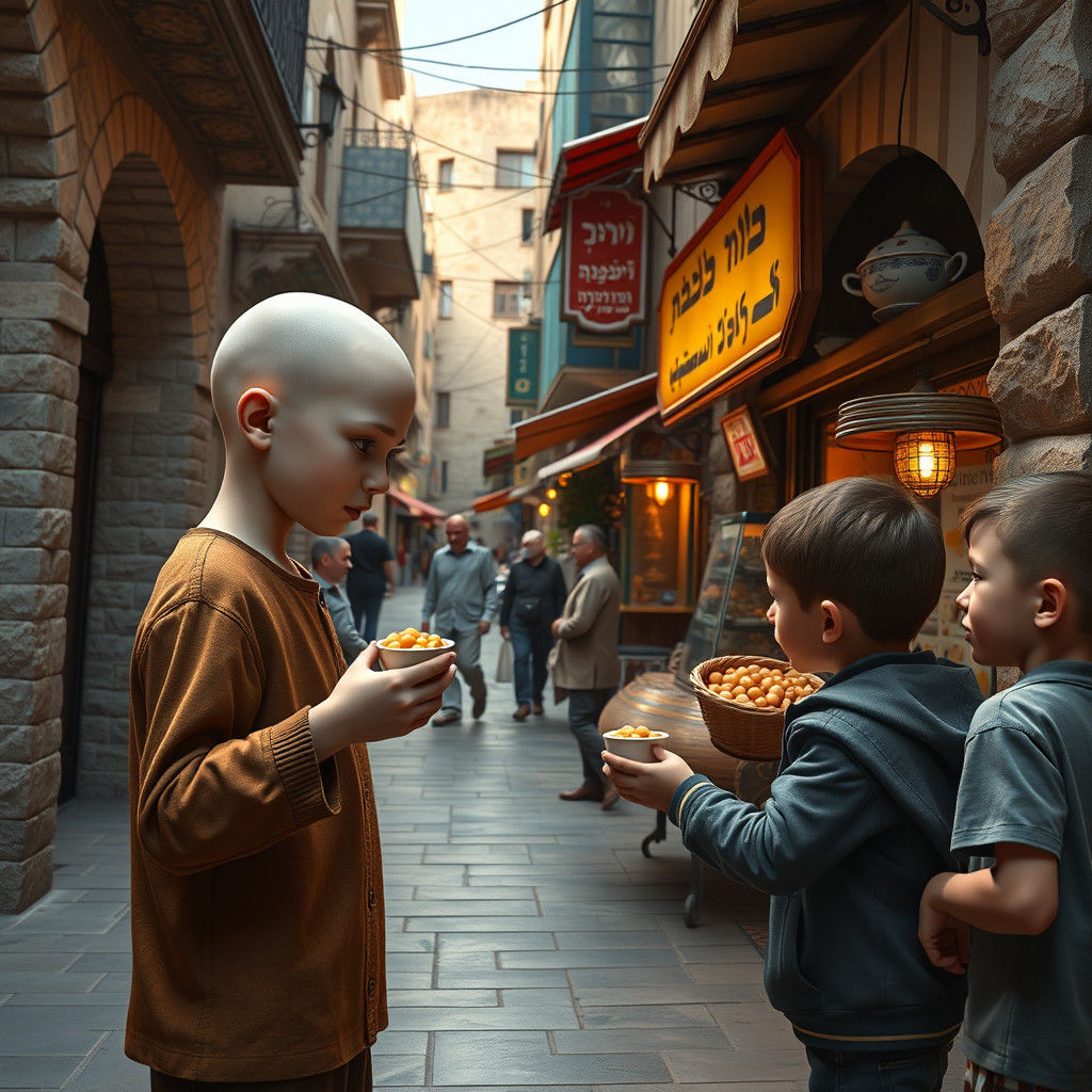Albino Boy Handing Out Chickpeas in Bnei Brak