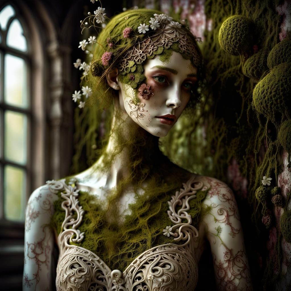 a rotting forgotten broken mannequin, covered in delicate filigree ...