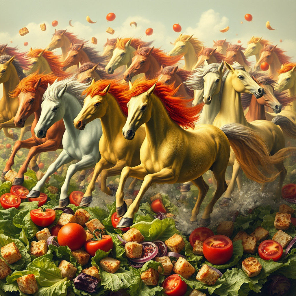 Surreal Salad with Galloping Horses, Dreamlike Art