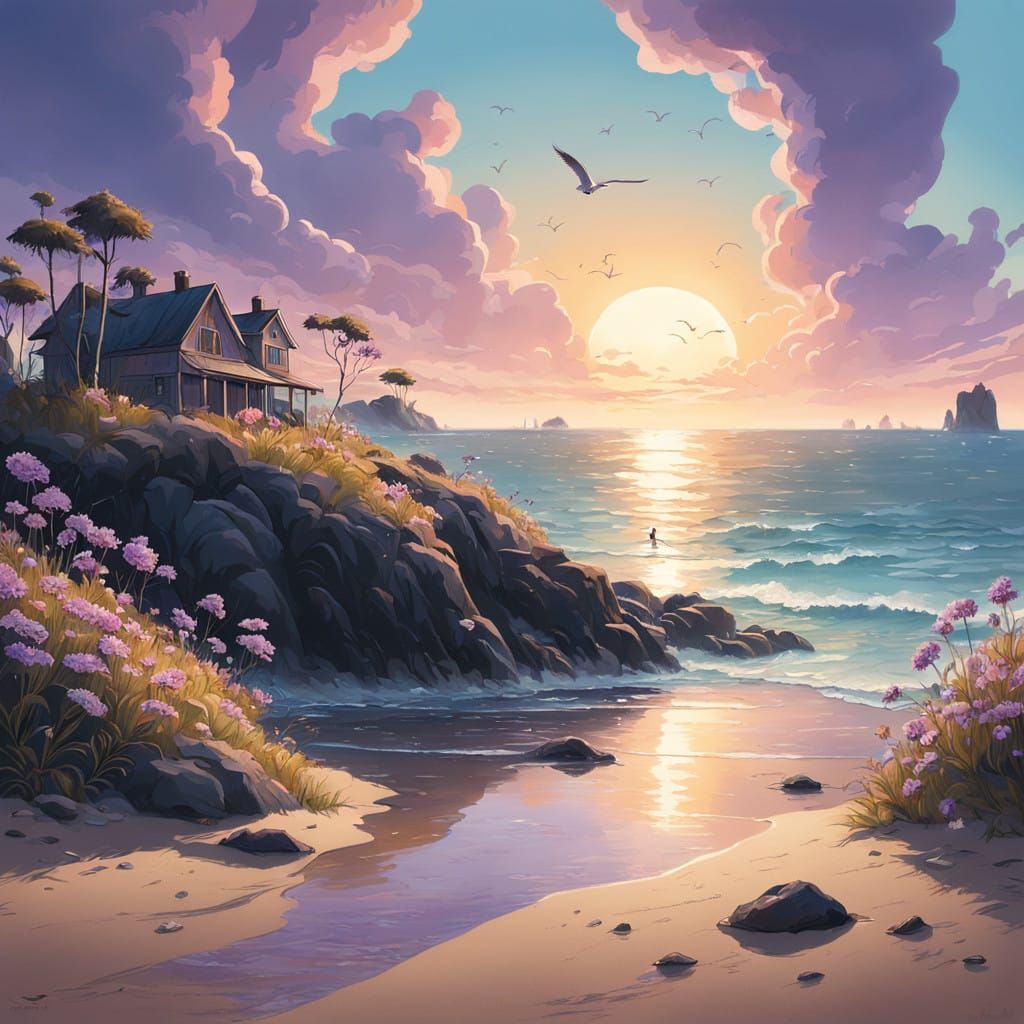 A tranquil summer evening unfolds on a picturesque beach.  by @Suz