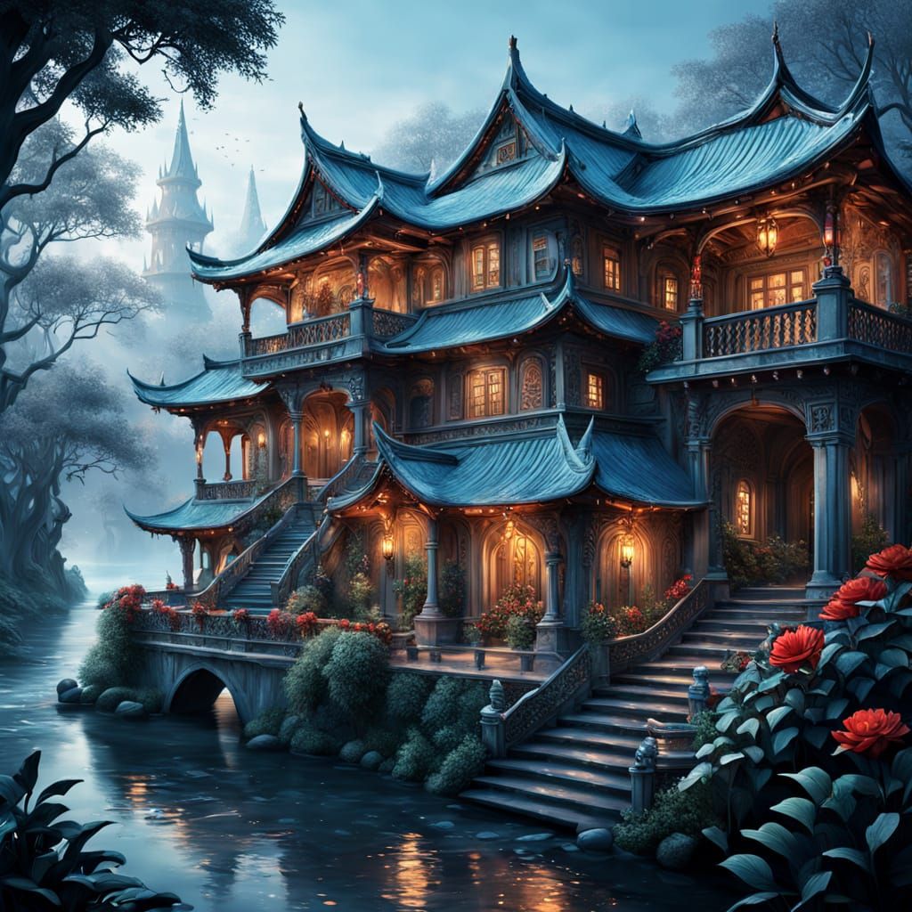 Whimsical River House with Carved Pillars and Ethereal Light