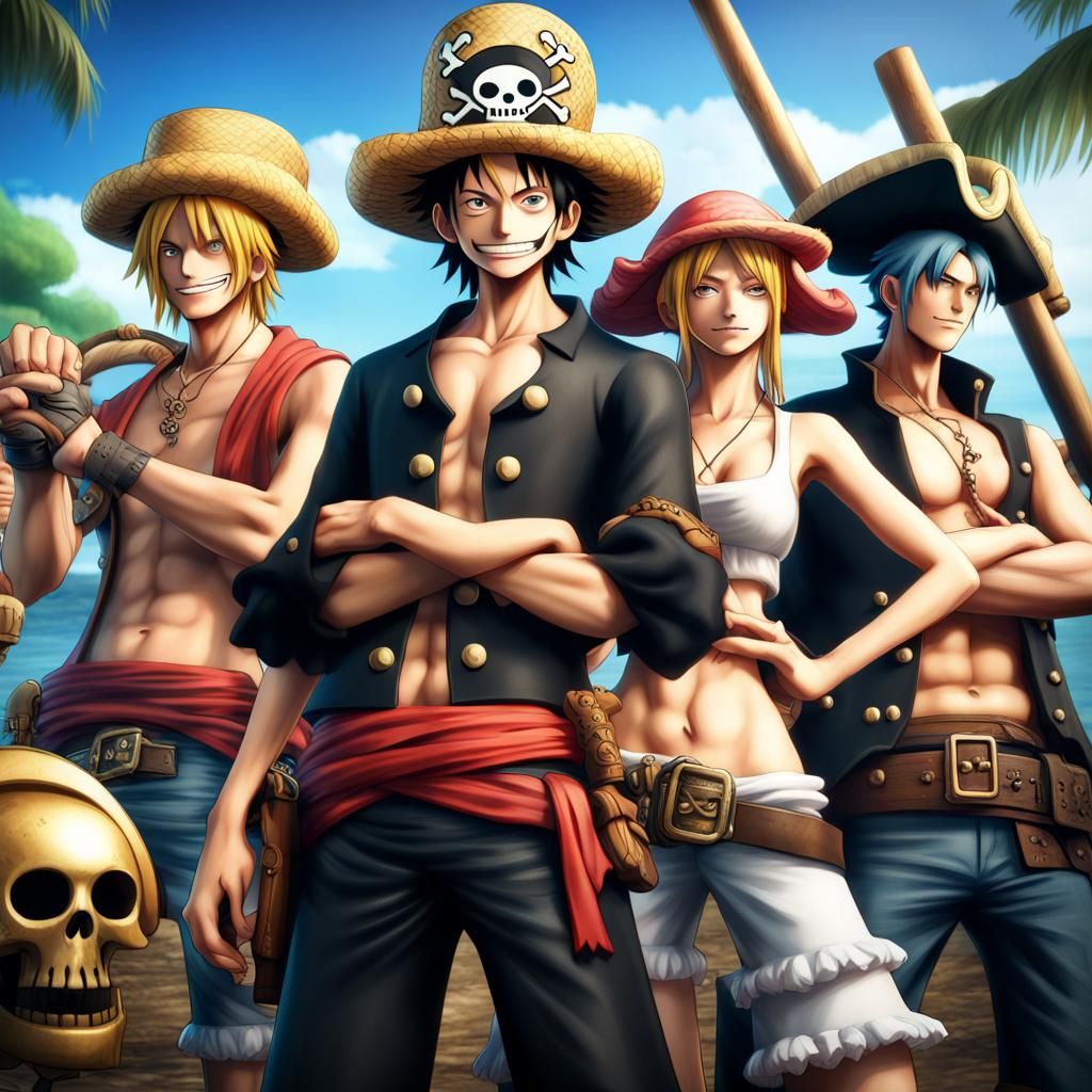 the Straw Hat pirate crew from One Piece , realistic, photog...