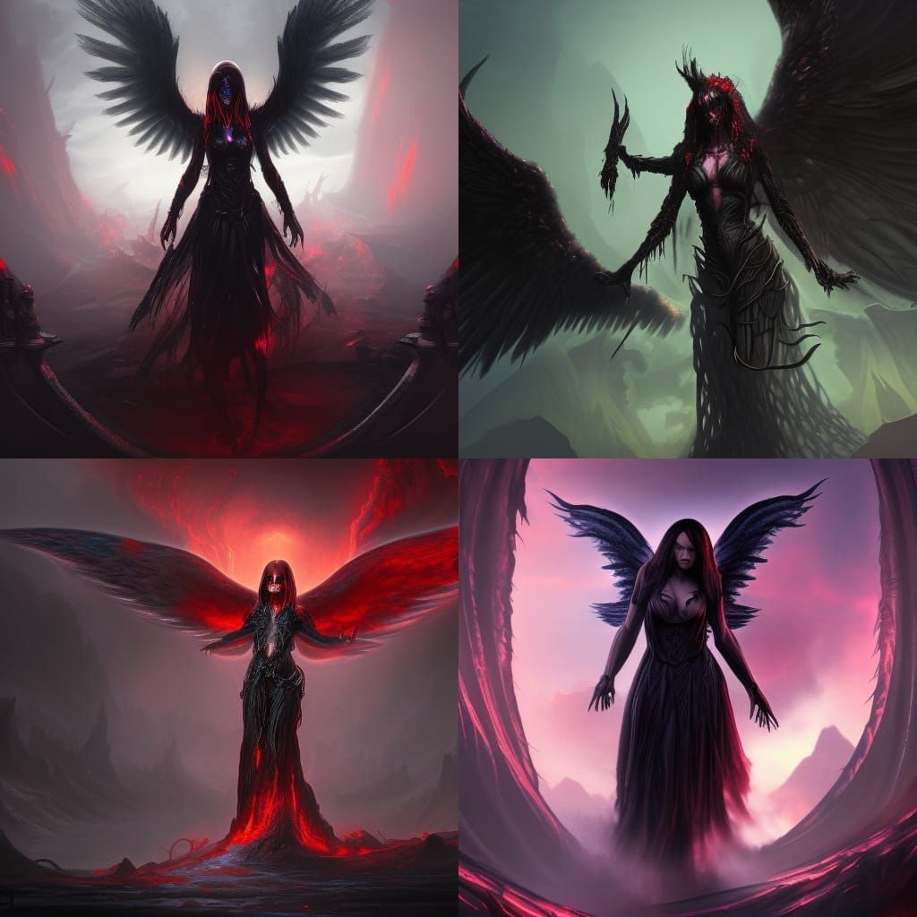 Digital painting of dark angel  of death standing in hell