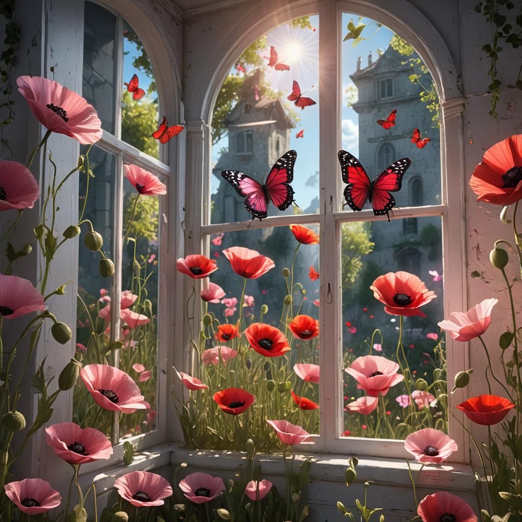 red butterfly, pink poppies