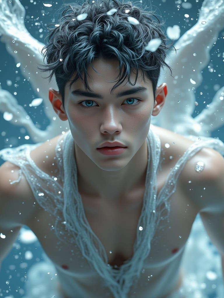 <lora:Future-Punk:1.0> Beautiful guy, torso, reflection of geometric figures, Gray big eyes, mood, clear translucent silver skin, silver pet...
