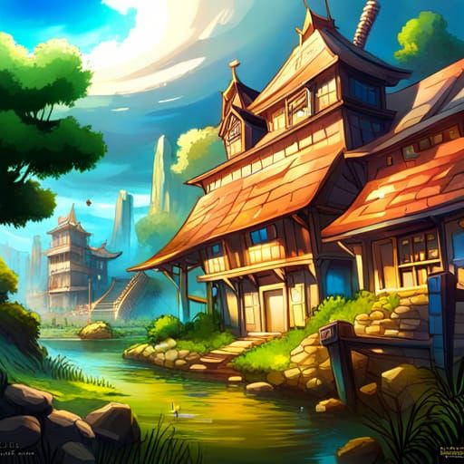 A video game fantasy world Hyperrealistic, splash art, conce...