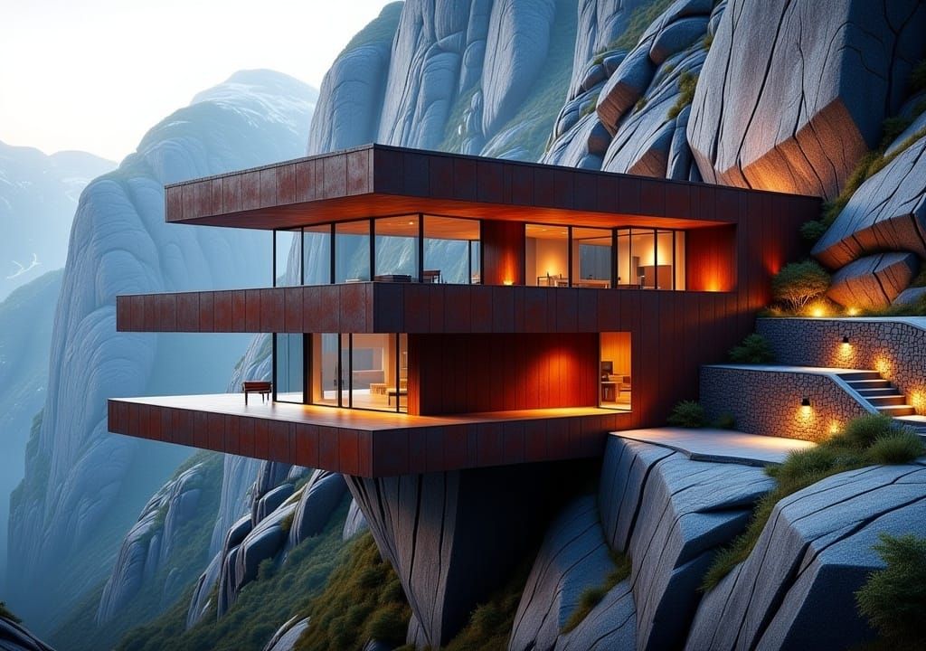 a sleek, modern house by <lora:The Flux Architect:1.0>, seamlessly blending corten steel and dark red bricks into a rugged mountain cliff. E...