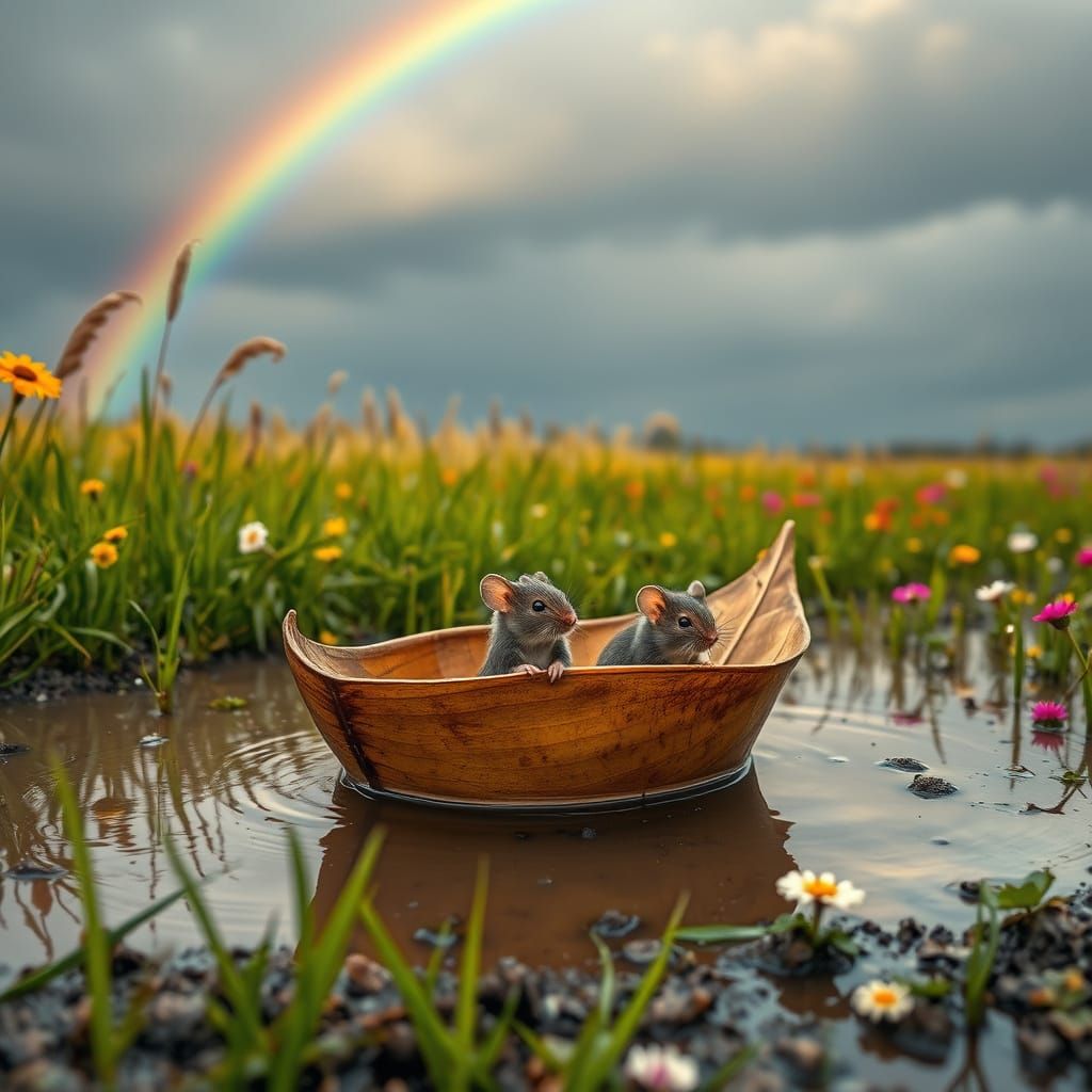 Mice Sail Serene Leaf Boat in Vibrant Field