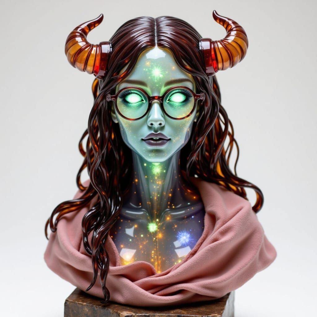 <lora:Bust-ed:1.0>  

Female oni with sculpted horned brow, long flowing brown glass hair, glasses, glowing pearl-grey eyes, and layered wav...