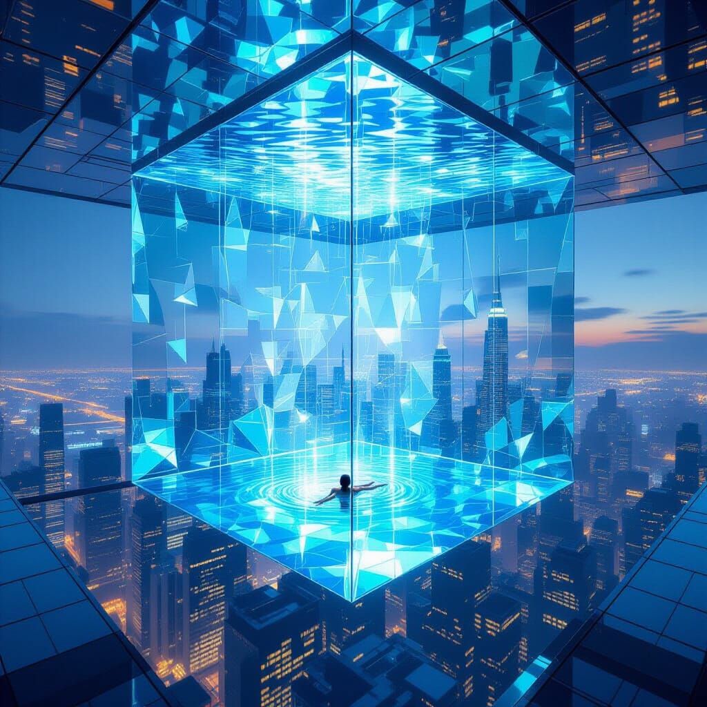 Floating Glass Pool Above Cityscape