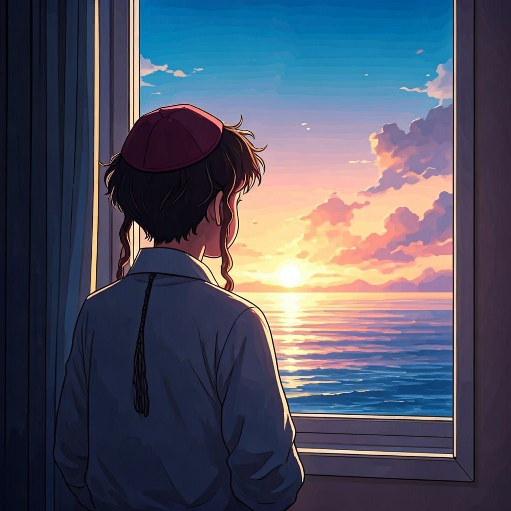 Boy in Burgundy Yarmulke Stares Out at Sunset Ocean View in....