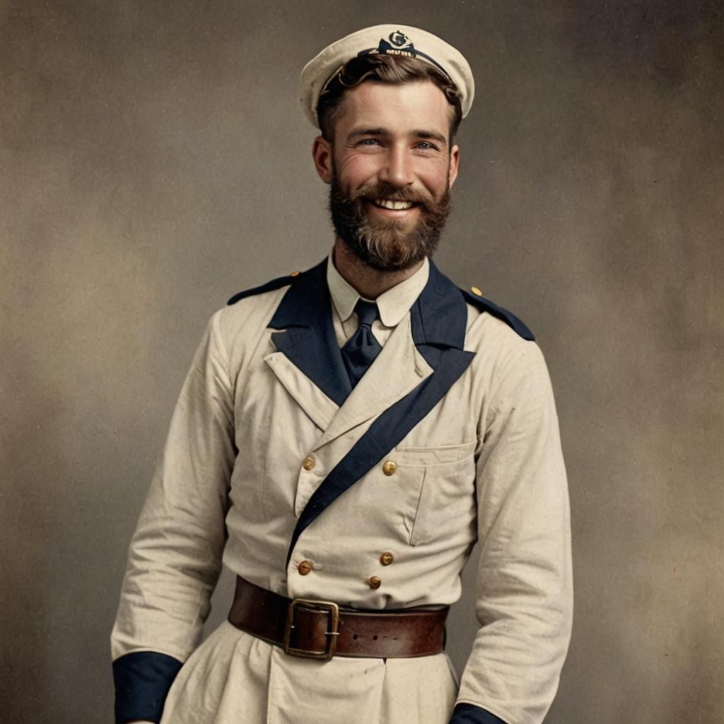 a handsome 1910s American bearded smiling sailor in his unif...