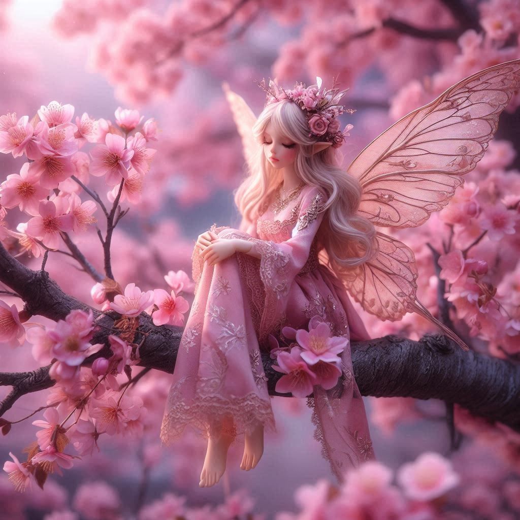 A fairy in pink sitting on a cherry blossom tree branch