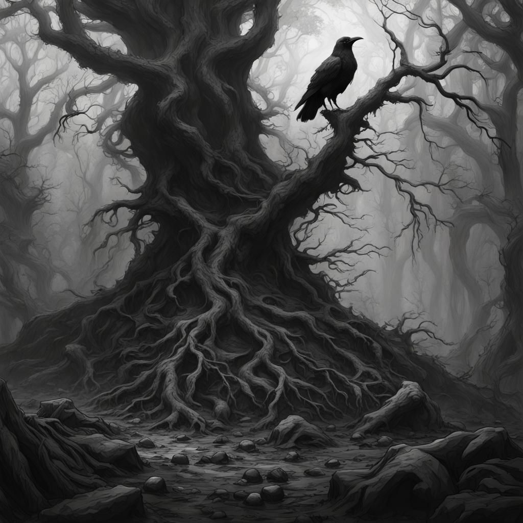 Dark, macabre, forest, roots, twisted branches, crows, fog, fallen ...