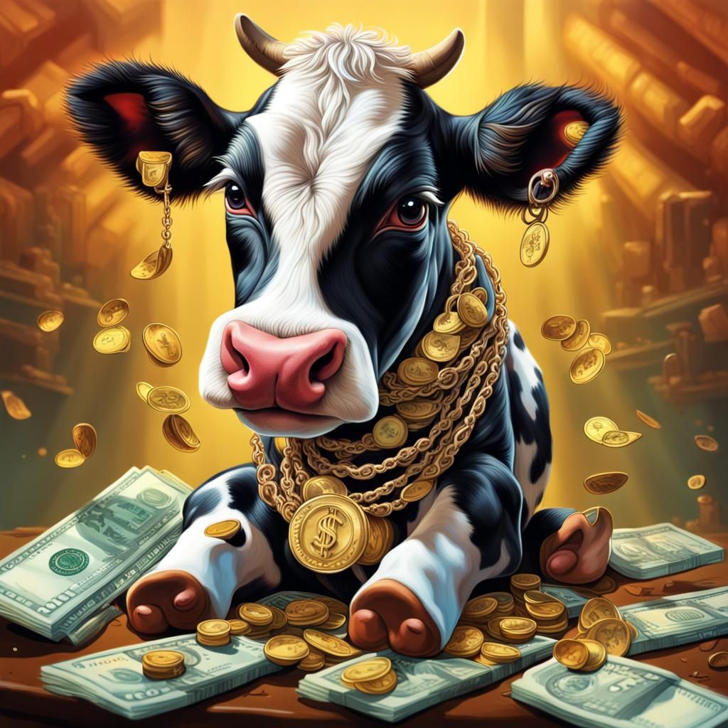 a baby cow with money in its hands and necklace with a manchine in the ...