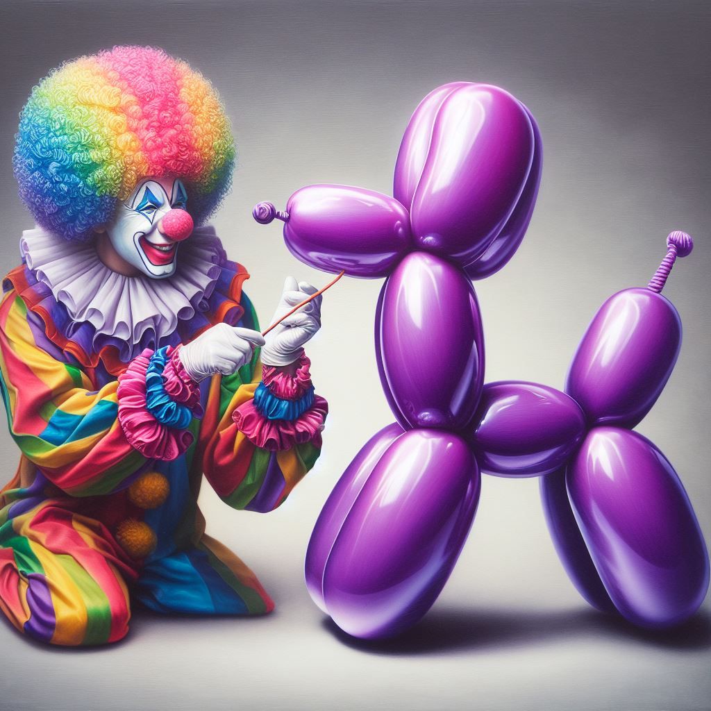 A playfully vibrant clown deftly twists a balloon into the shape of a regal purple poodle