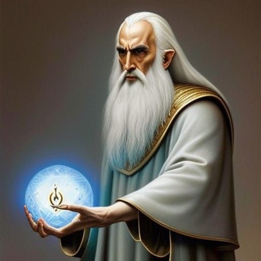 Saruman holding a lit Palantir - AI Generated Artwork - NightCafe Creator