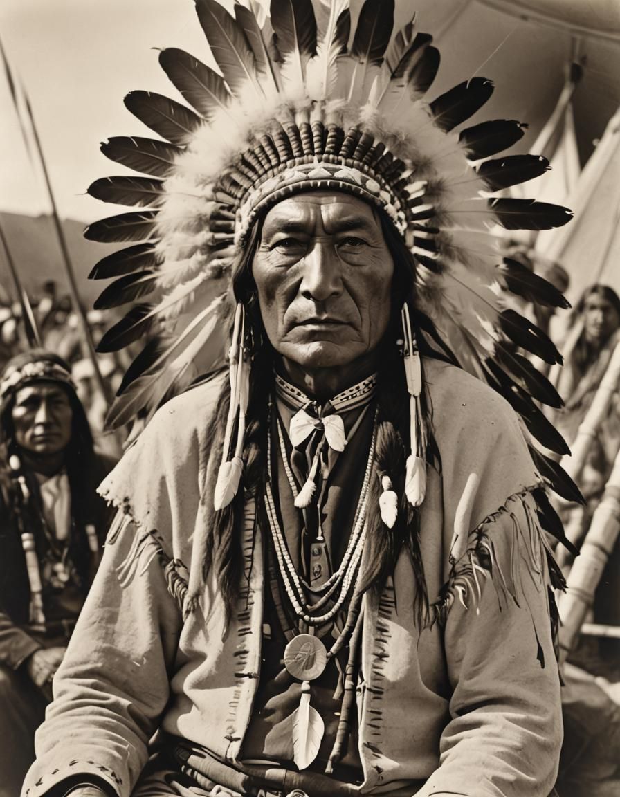 photo portrait young proud Native American "Sitting Bull" in ceremonial clothes and headdress as chief ...  by @Fiet-popularis