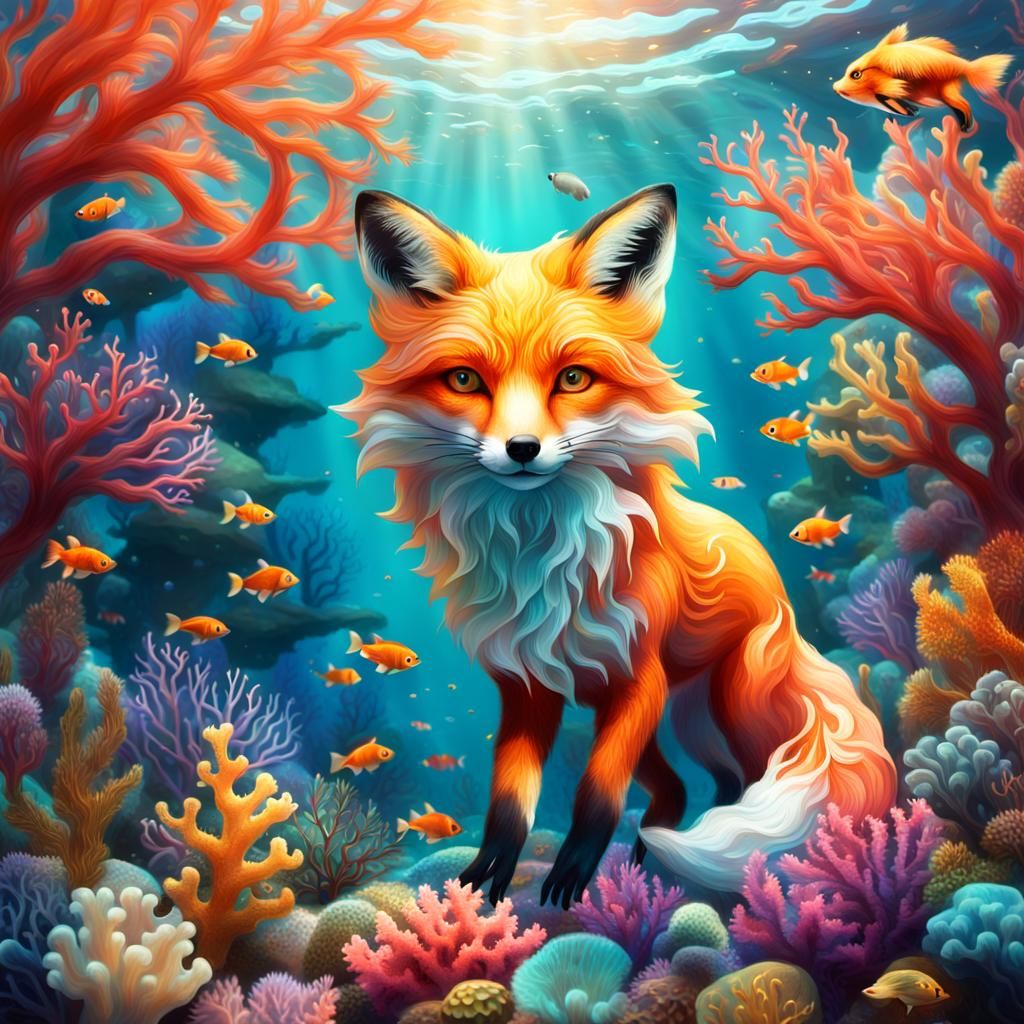 A translucent fox, with a body of shining glass, runs across...