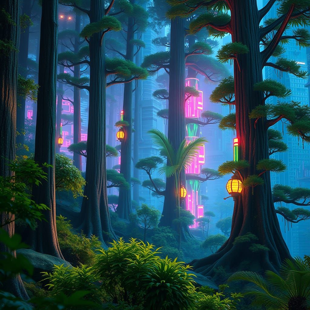 A tranquil forest scene with a neon cityscape growing out of the trees, a juxtaposition of nature and ...  by @Salah Eddine Bettiche