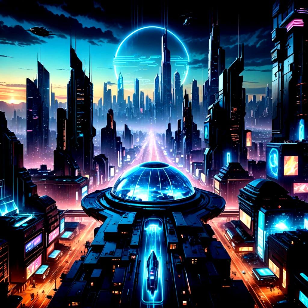 Cyberpunk Cityscape with AI Hubs and Radiant Lights