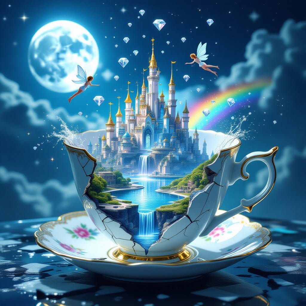 Imagine a futuristic chrome castle with a transparent structure, adorned with intricate crystal patterns, perched atop a...