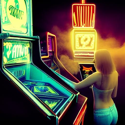 shot from behind of a woman playing pinball in a vintage 197...