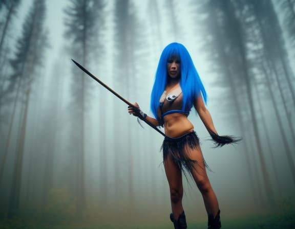 Feather hair blue alien, tall muscular abs, large chest, cre...