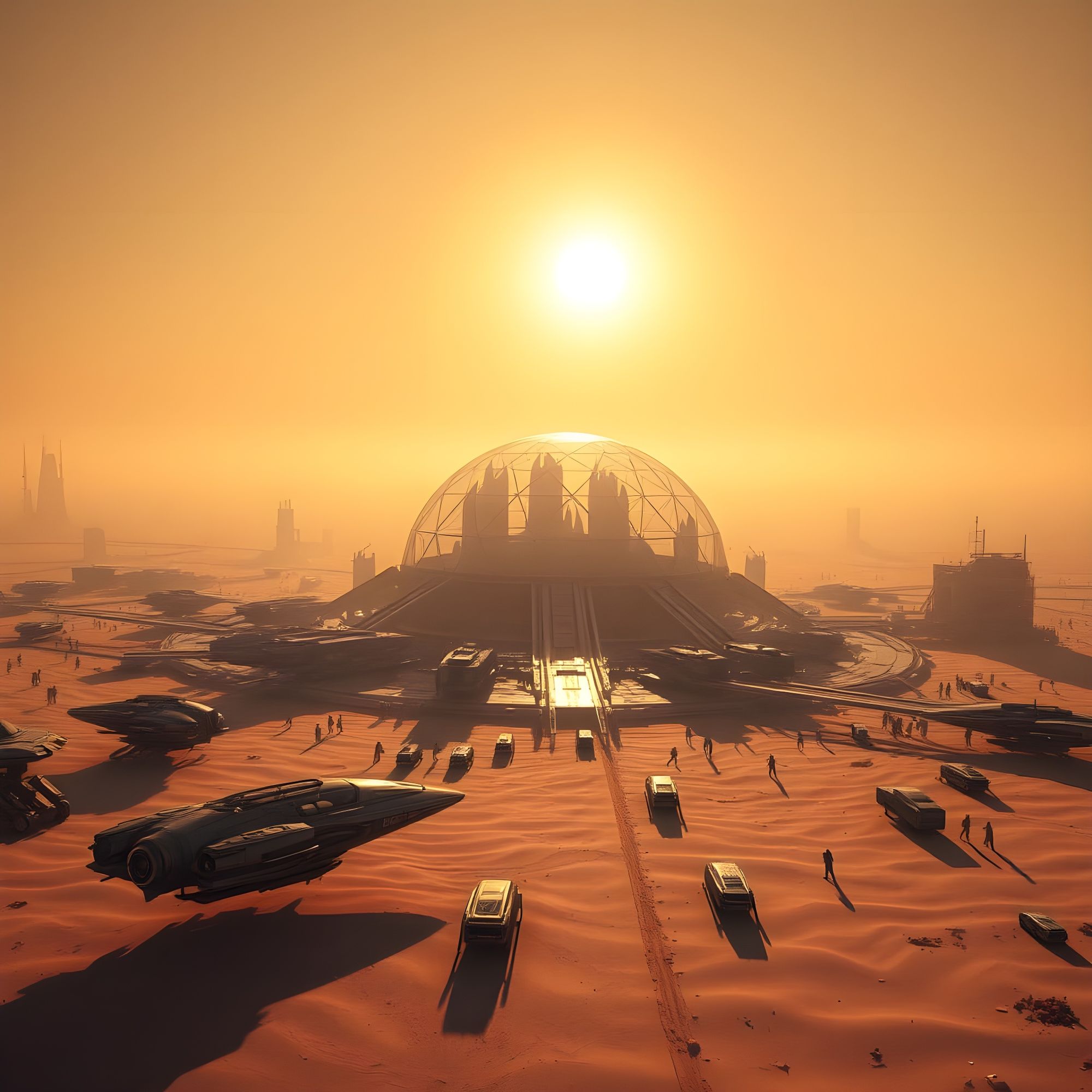 A sprawling cyberpunk metropolis encased in a shimmering geodesic glass dome glistens under an alien sun; sleek anti-gravity vehicles cast e...