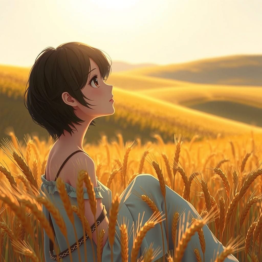 Anime Woman Contemplates in Golden Wheat Field