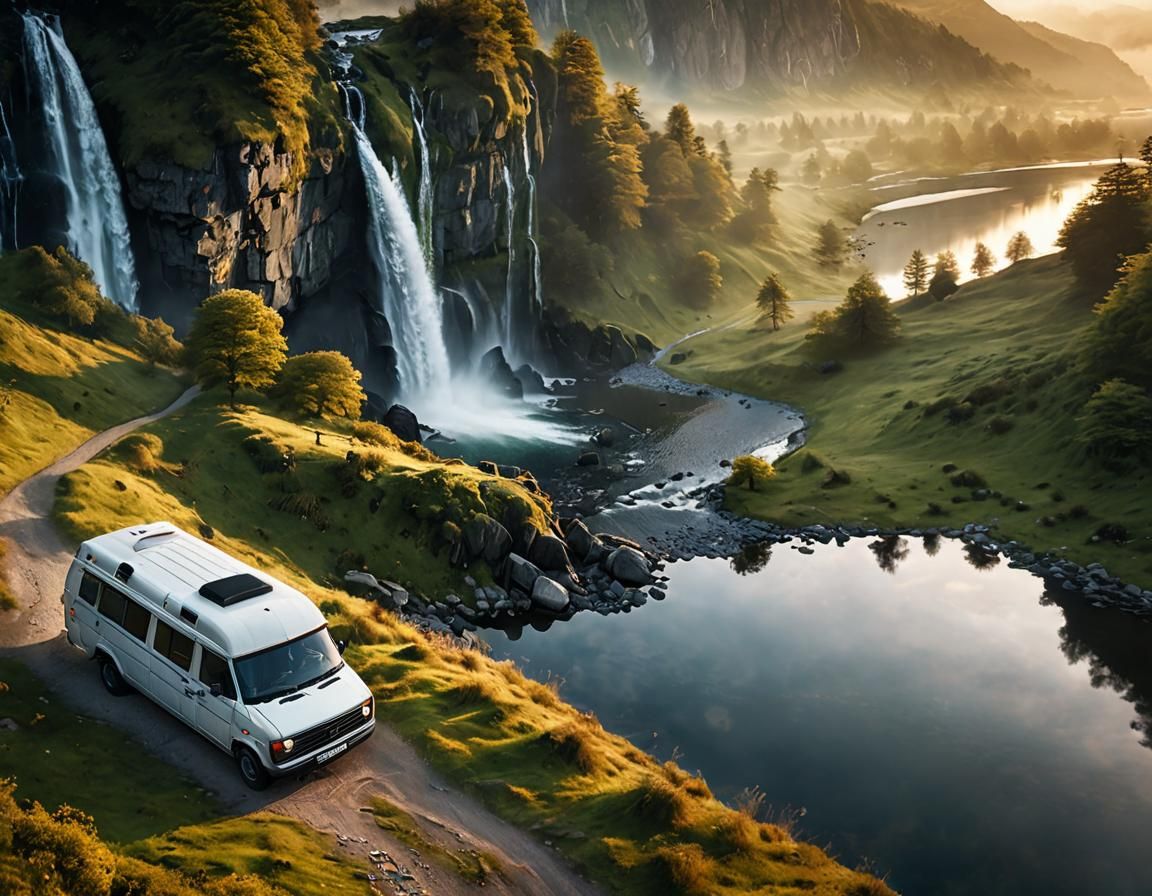 Aerial drone shot-style images of a camper van parked beside a serene lake, Waterfall in foggy valley ...  by @Dawnn