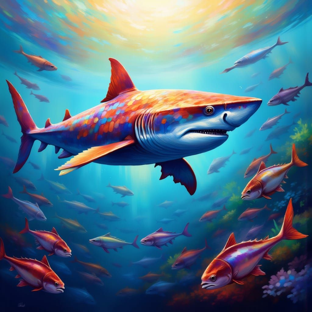 A shark swimming underwater <lora:Expressive:1.0>