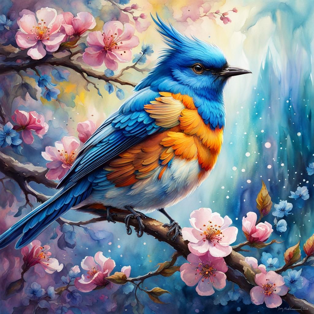Blue Blossom bird portrait Stylized splashy Watercolour by J...