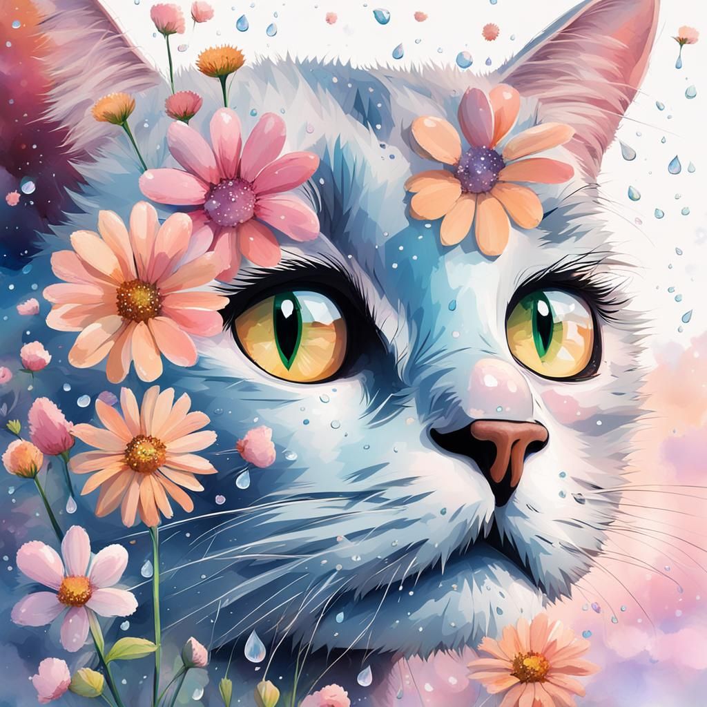 pastel cloudy sky , some drops of water on the nose of a cat...