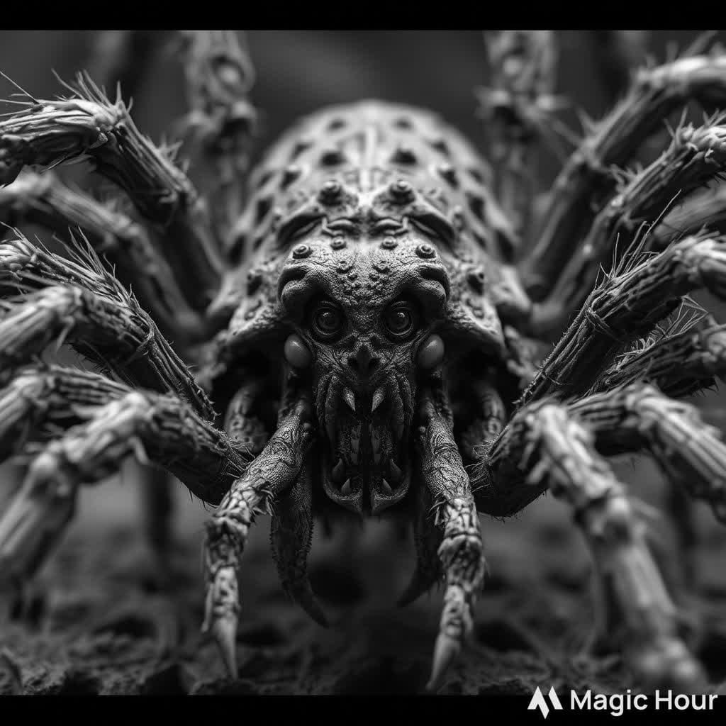 Scary horror creations of a corrupted evil animal giant zombie cordyceps infected tarantula in attack mode hungrily star...