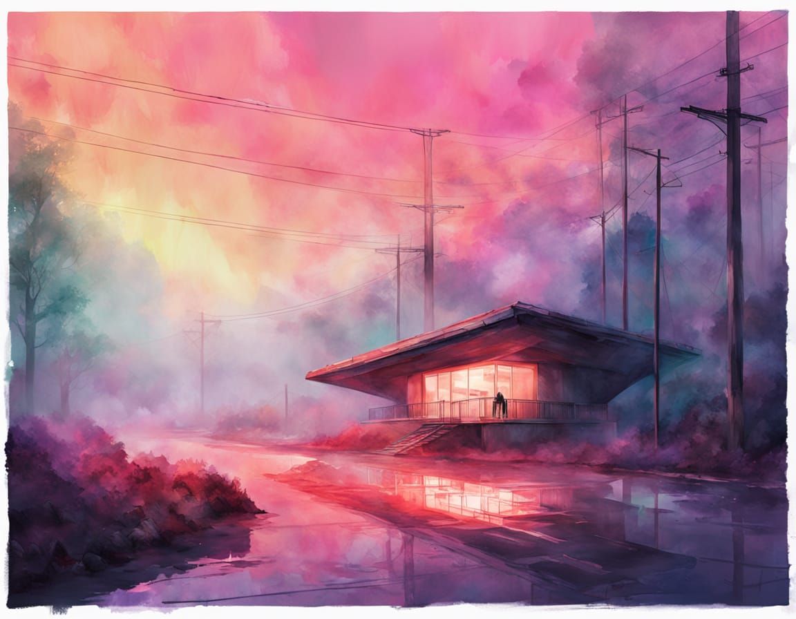 Dreamy color, allegory style, (art style by Casey Bo: 1.1), painting of a futuristic sports complex with curved shell-like roofs surrounded ...