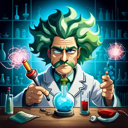 A mad scientist big wild eyed  wild hair in is Laboratory full of  bubbling beakers, Tesla coils, :: ...  by @Sassy Cassie