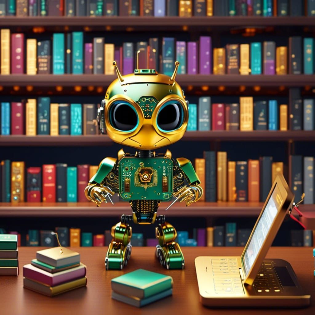 A nanobot in a librarian avatar, sorting through a row of micro-books on a shelf no larger than a smartphone.