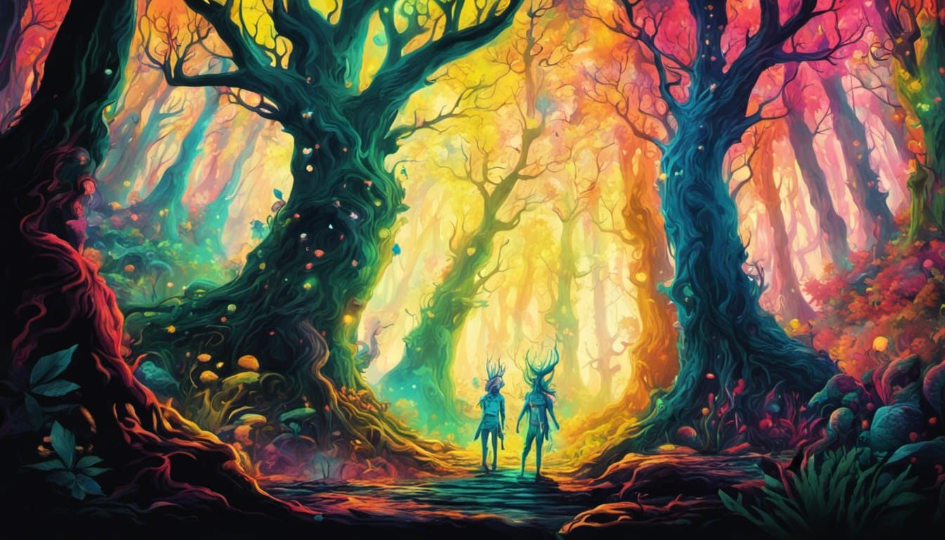 wood elves having psychedelic daydreams in a dark psychedelic fantasy forest, vivid color high contrast, wide angle pano...