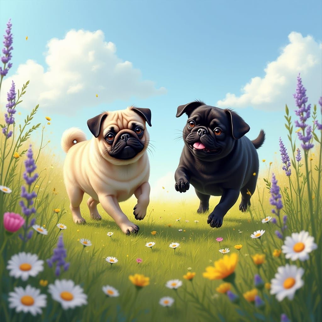 Two pugs playing in a meadow