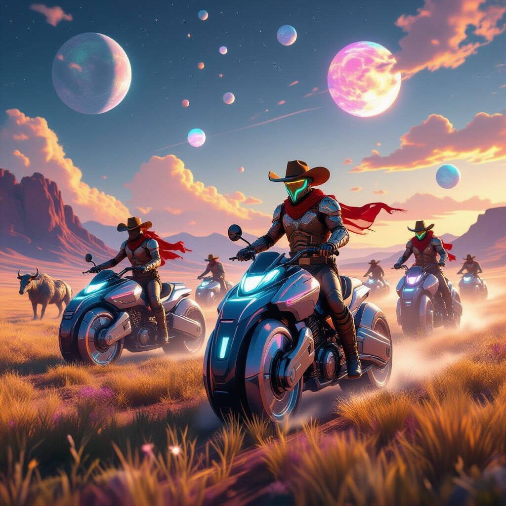 A dynamic action scene on an alien planet: futuristic cowboys in high-tech hats, armored dusters, and glowing lassos ride sleek hoverbikes a...