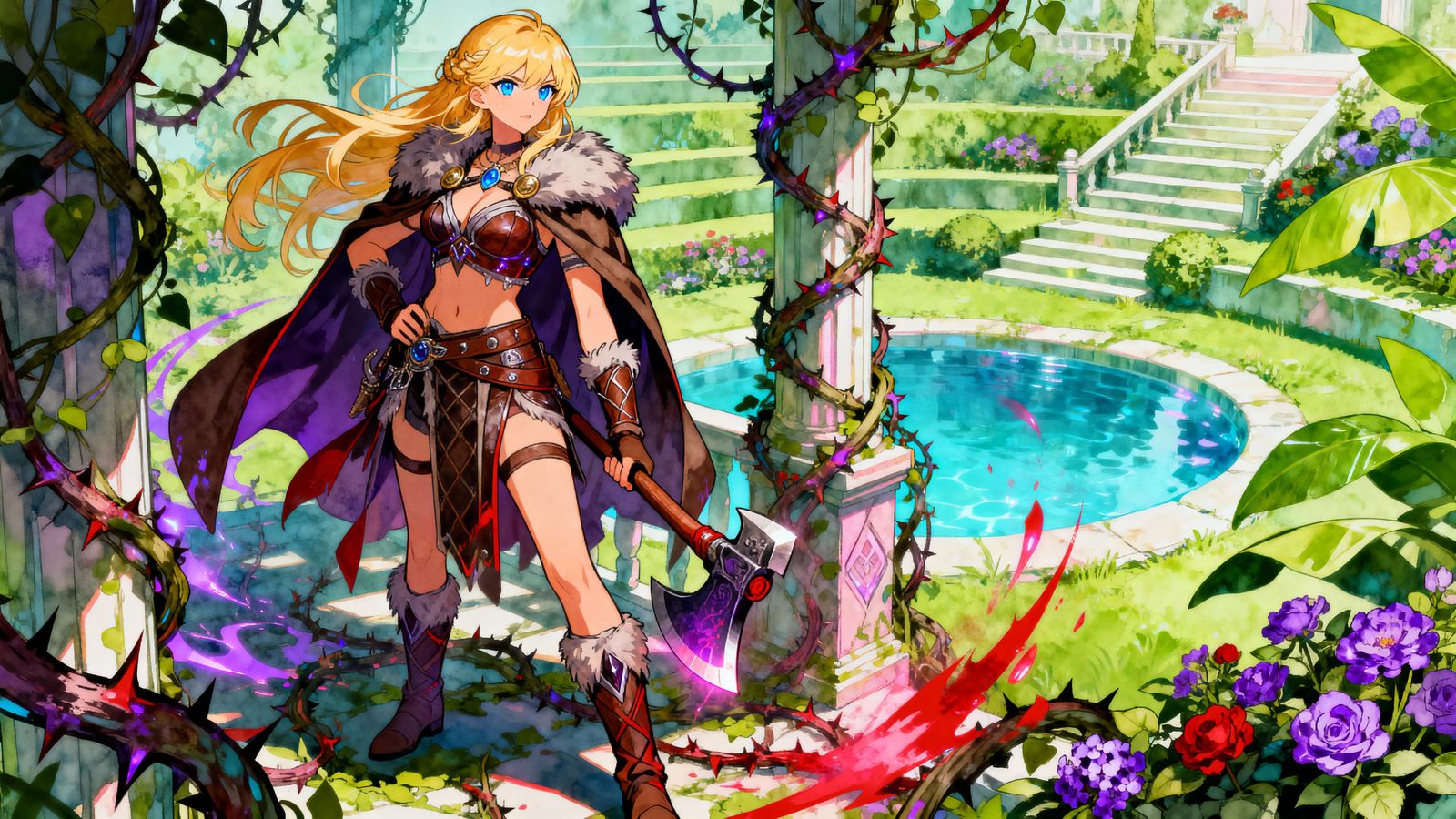 d&d, 2d, full body, three quarters shot, anime key visual, vibrant colors, dynamic pose, blue eyes, blonde hair, barbari...