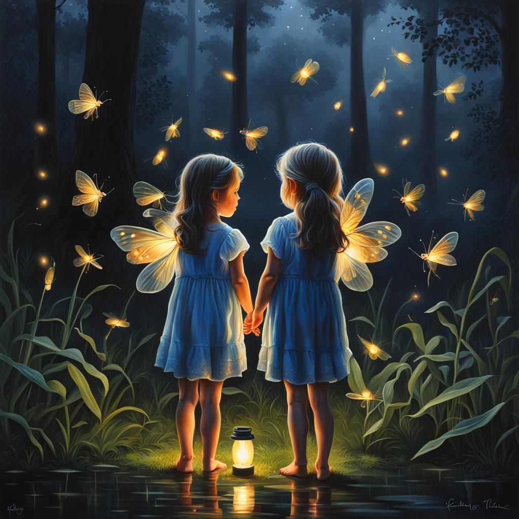 Beautiful scene of 2 little girls watching fireflies hyperre...