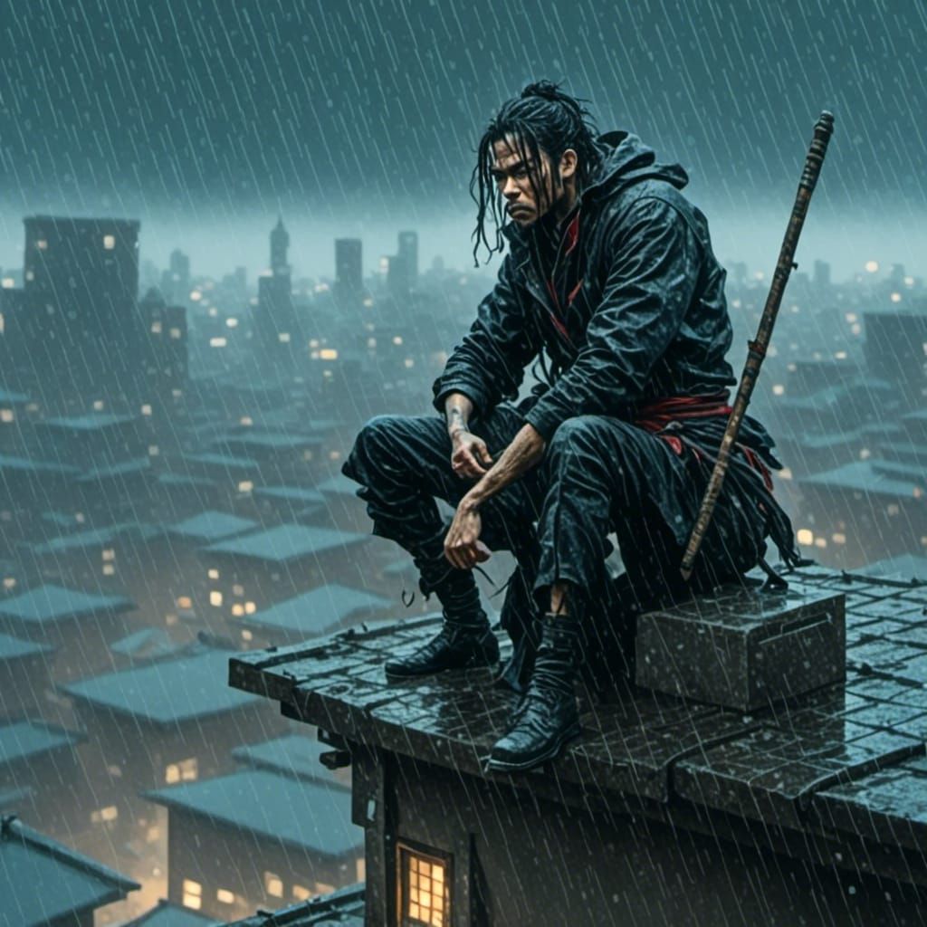 <lora:KONOITORan:1.0> <lora:Neon Nights:1.0> A digital assassin crouches on a rooftop in the rain, ready to strike