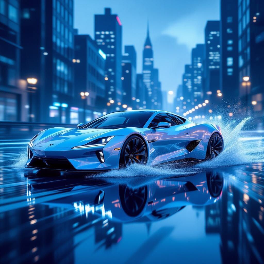 Transparent Water Sports Car with City Reflections