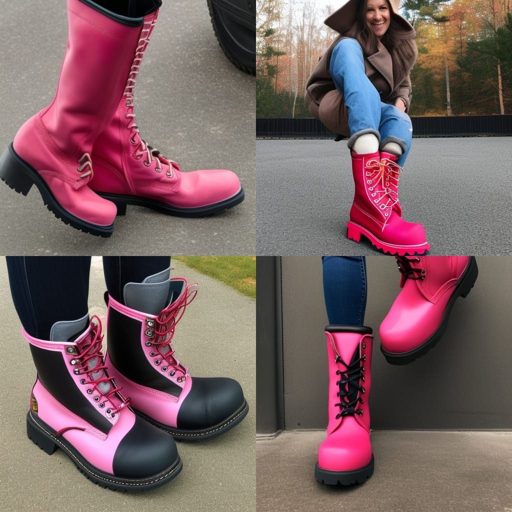 Full shot long shot wide shot tall pink steel toed work boot...
