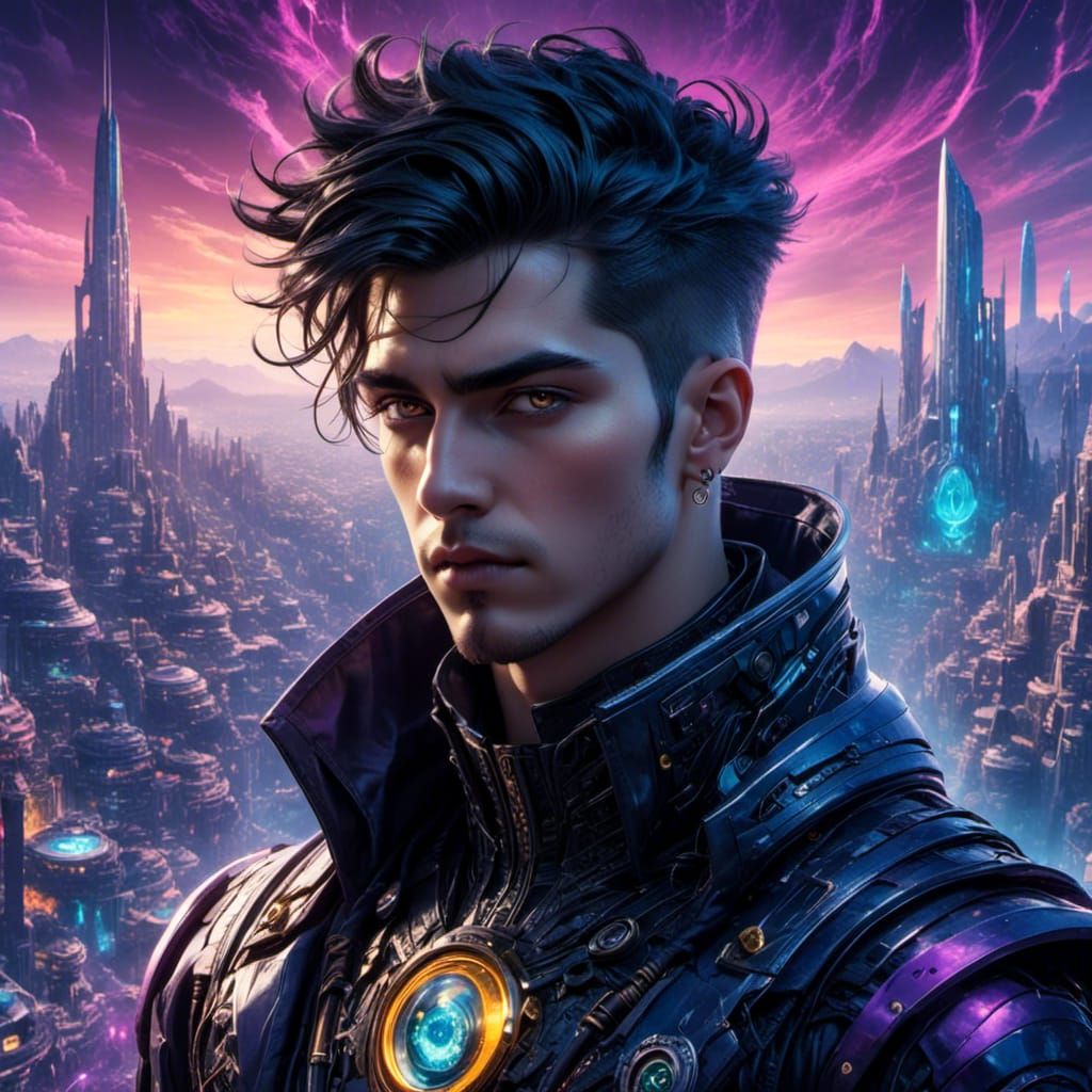 <lora:CUD-male:1.0> <lora:Spectral:1.0> Close up male face, distant futuristic city background