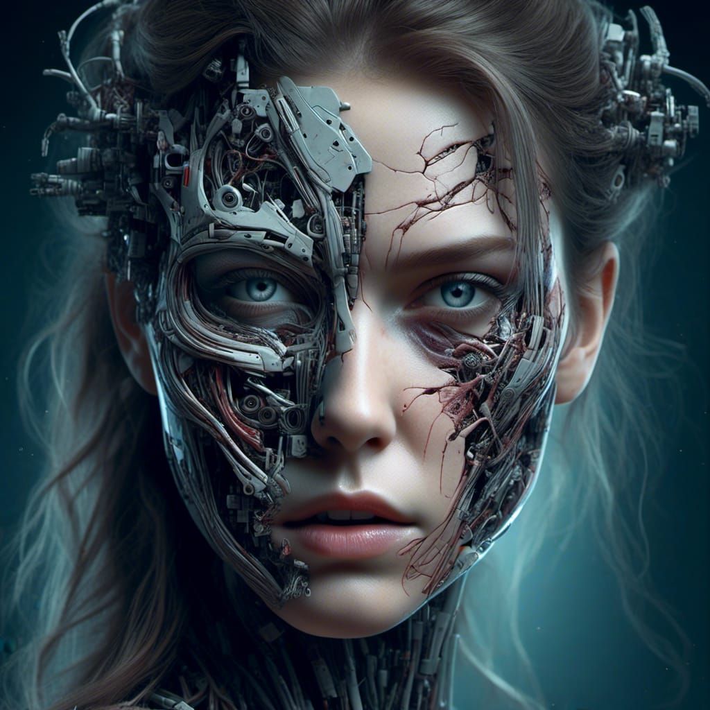  <lora:white hybrids:1.0> portrait of a woman, half cyborg face
