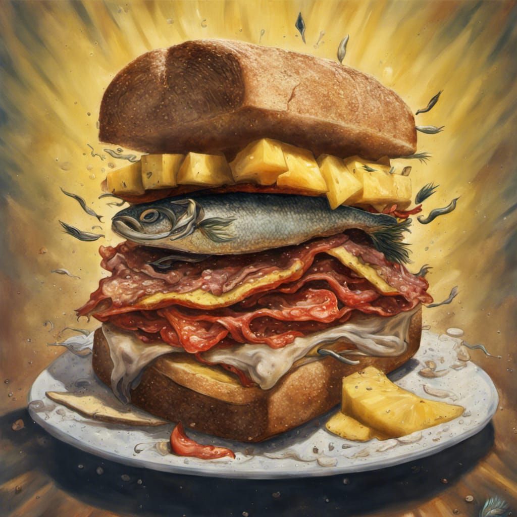 A Dagwood sandwich that is six inches high with pineapple slices on pepperoni slices and fried sardines ...  by @undefined
